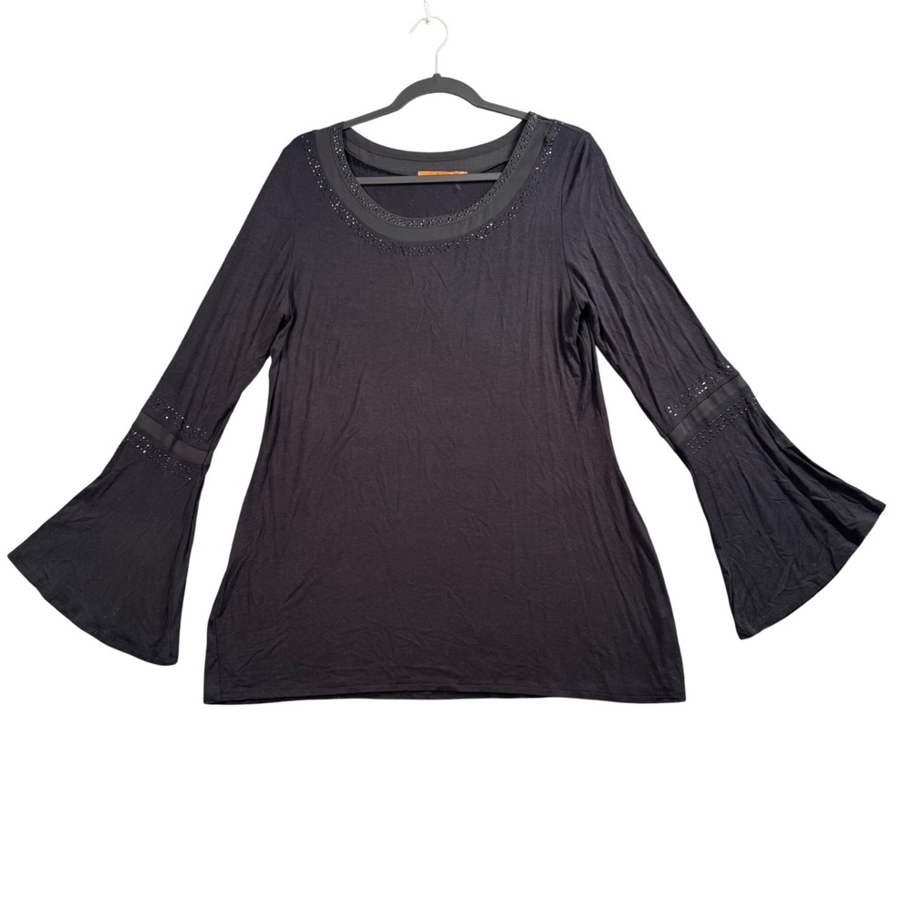 Dark Romantic Bell Sleeve Top Witchy Rhinestone Scoop Neck Gothic‎ L